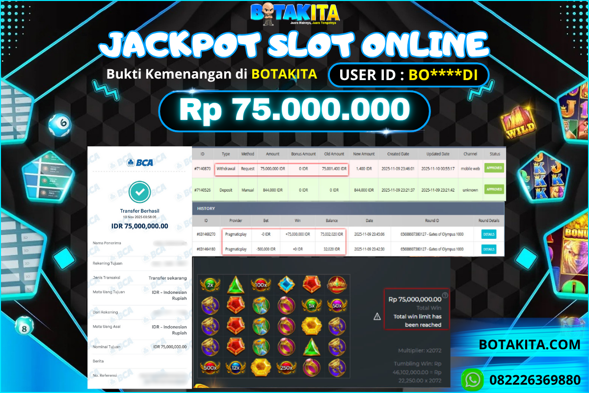 BOTAKITA JACKPOT SLOT ONLINE Rp 75.000.000 1 BOTAKITA JACKPOT SLOT ONLINE Rp 75.000.000